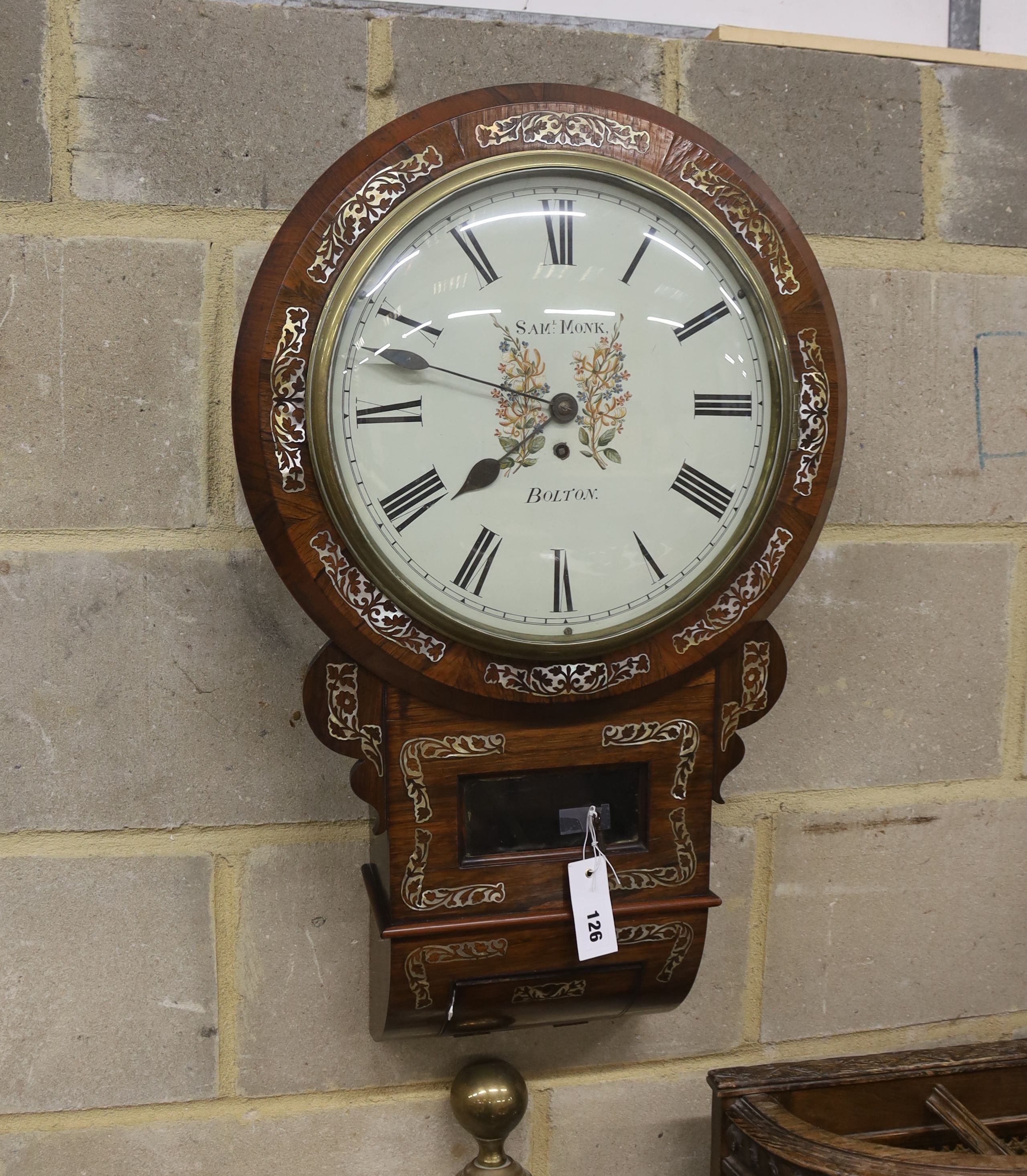 A Regency mother of pearl inlaid drop dial wall clock marked Samuel Monk, Bolton, height 66cm